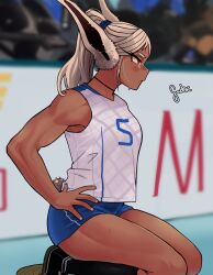 Rule 34 | 1girl, absurdres, animal ears, biceps, black footwear, blush, boku no hero academia, dark-skinned female, dark skin, from side, gud0c, highres, looking afar, mirko, muscular, muscular female, photo-referenced, ponytail, rabbit ears, rabbit girl, rabbit tail, red eyes, seiza, sitting, socks, solo, sportswear, sweat, tail, thighs, toned, volleyball uniform, white hair, yoshimura shiho