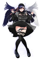 absurdres alternate_costume apron asymmetrical_bangs black_dress black_footwear black_hair blue_eyes breasts clothes_lift clothing_cutout dress final_fantasy final_fantasy_xiv full_body fusion gaia_(ff14) goth_fashion hair_ornament hands_up highres huge_breasts hyur long_hair lying maid_apron maid_headdress multicolored_wings on_back on_bed ooshima_ryou paid_reward_available panties panty_pull pink_ribbon ribbon ryne_waters shoulder_cutout signature skirt skirt_lift thighs underwear white_apron wings