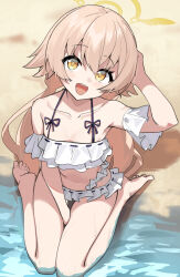1girl absurdres bikini blue_archive collarbone deatheach frilled_bikini frills from_above full_body halo hand_on_own_head hifumi_(blue_archive) hifumi_(swimsuit)_(blue_archive) highres long_hair looking_at_viewer low_twintails off-shoulder_bikini off_shoulder official_alternate_costume open_mouth ribbon-trimmed_bikini ribbon-trimmed_swimsuit ribbon_trim sitting smile swimsuit twintails upper_body wariza white_bikini winged_halo yellow_halo