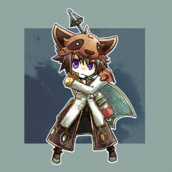 Rule 34 | 1boy, brown hair, brown pants, brown shoes, chibi, chibi only, closed mouth, coat, commentary request, full body, gold trim, grey background, high priest (ragnarok online), holding, holding mace, holding shield, holding weapon, leaf in mouth, long sleeves, looking at viewer, lowres, mace, male focus, multicolored coat, numi (sin), pants, purple eyes, raccoon hat, ragnarok online, red coat, shield, shoes, short hair, solo, two-tone coat, weapon, white coat