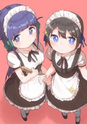 2girls absurdres alternate_costume apron black_dress black_footwear black_hair black_ribbon blue_eyes blue_ribbon blunt_bangs blunt_ends blush breasts bright_pupils broom closed_mouth collared_shirt commentary dress enmaided frilled_apron frilled_dress frills from_above goe_(g-o-e) green_ribbon hair_ornament hair_ribbon hand_up highres holding holding_broom kagura_hikari long_hair looking_at_viewer looking_up maid maid_headdress medium_breasts multiple_girls neck_ribbon pantyhose pinafore_dress puffy_short_sleeves puffy_sleeves purple_eyes purple_hair cleaning_rag red_background ribbon shirt shoes short_sleeves shoujo_kageki_revue_starlight sidelocks simple_background sleeveless_dress sparkle_hair_ornament standing tsuyuzaki_mahiru very_long_hair waist_apron white_apron white_legwear white_pupils white_shirt