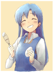 1girl apron blue_apron blue_hair border closed_eyes collared_shirt egg facing_viewer grin holding holding_egg holding_whisk idolmaster idolmaster_(classic) kisaragi_chihaya long_hair long_sleeves shirt simple_background smile solo tsubobot upper_body whisk white_border white_shirt yellow_background