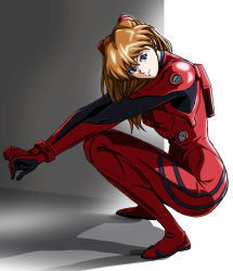 Rule 34 | 00s, 1girl, ass, backlighting, blue eyes, bracer, brown hair, female focus, from side, full body, grey background, hair between eyes, hair ornament, hairclip, head tilt, mecha pilot suit, neon genesis evangelion, plugsuit (evangelion), rebuild of evangelion, smirk, solo, souryuu asuka langley, squatting, tomizofu, v-shaped eyebrows, white background