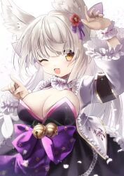 1girl absurdres animal_ears bell breasts chachong_sama choker dress emil_chronicle_online flower fox_ears fox_shadow_puppet frilled_choker frilled_dress frilled_skirt frills hair_flower hair_ornament highres large_breasts long_hair one_eye_closed open_mouth purple_ribbon ribbon skirt tamamo_lore white_hair yellow_eyes
