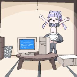 &gt;_&lt; 1girl animal_ears arms_up bandaid bandaids_on_nipples bow bowtie cat_ears commentary_request computer crt flat_chest indoors jaggy_lines lokulo-chan_(lokulo_no_mawashimono) lokulo_no_mawashimono loli monitor navel oekaki original pasties puffy_short_sleeves puffy_sleeves purple_bow purple_bowtie purple_hair revealing_clothes short_sleeves skirt solo standing table tatami thighhighs twintails