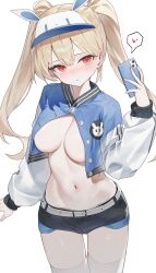 1girl absurdres animal_ears baseball_club_mob_(draco) belt belt_buckle black_shorts blonde_hair blue_jacket blush breasts buckle buttons cellphone commentary_request commission cropped_jacket exposed_pocket fake_animal_ears hair_between_eyes hand_up head_tilt heart highres holding holding_phone huu_(dighapdlxm12) jacket korean_commentary long_hair long_sleeves looking_at_viewer medium_breasts micro_shorts navel no_bra open_clothes open_jacket original parted_lips partially_unbuttoned phone red_eyes second-party_source shorts simple_background smartphone solo speech_bubble spoken_heart standing stomach thighhighs thighs twintails visor_cap white_background white_belt white_thighhighs white_trim