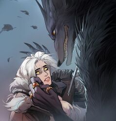 1boy 1girl black_gloves ciri furry furry_male gloves highres holding holding_sword holding_weapon jewelry junorvolsh long_hair looking_at_another ring sword the_witcher_(series) the_witcher_4 upper_body weapon werewolf white_hair yellow_eyes