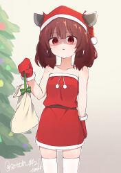 1girl bag brown_hair christmas_tree highres medium_hair mittens red_eyes santa_costume sechin shaded_face solo thighhighs touhoku_kiritan twintails voiceroid white_thighhighs