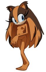 1girl absurdres animal_ears animal_nose averting_eyes bare_legs barefoot blue_eyes body_fur breasts brown_fur brown_hair child closed_mouth collarbone completely_nude eyelashes feet flat_chest furry furry_female groin happy heel_up highres inkershike legs loli long_hair looking_at_viewer looking_to_the_side messy_hair multicolored_fur multicolored_hair navel nipples nude orange_fur orange_hair own_hands_together pubic_hair pubic_tattoo pussy sega sidelocks small_breasts solo sonic_(series) sonic_boom_(series) standing sticks_the_badger stomach tattoo toes two-tone_fur two-tone_hair untied_hair