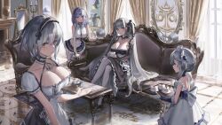 4girls absurdres anchor_choker azur_lane bare_shoulders black_dress black_footwear black_skirt breasts cake cake_slice chair cleavage clothing_cutout couch crossed_legs cup detached_collar dido_(azur_lane) dress food formidable_(azur_lane) framed_breasts frilled_dress frills grey_hair hairband high_heels highres holding holding_cup holding_tray indoors lace-trimmed_hairband lace_trim large_breasts little_bel_(azur_lane) long_hair looking_at_viewer maid miniskirt multiple_girls nineye puffy_short_sleeves puffy_sleeves purple_hair red_eyes revision shoes short_hair short_sleeves shoulder_cutout sirius_(azur_lane) sitting skirt thighhighs tray twintails two-tone_dress underboob underboob_cutout very_long_hair white_thighhighs yellow_eyes zettai_ryouiki