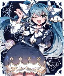 Rule 34 | 1girl, ;d, ahoge, arm up, blue dress, blue eyes, blue hair, blush, commentary request, danjou sora, dress, hair between eyes, hair intakes, hatsune miku, highres, long hair, looking at viewer, one eye closed, open mouth, puffy short sleeves, puffy sleeves, short sleeves, smile, snowflakes, solo, standing, twintails, very long hair, vocaloid, yuki miku, yuki miku (2025) (applicant)