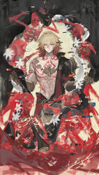 Rule 34 | 1boy, abs, absurdres, arm tattoo, armlet, armor, black coat, blonde hair, braid, chest tattoo, chinese commentary, clawed gauntlets, coat, commentary request, dichlorvos, earrings, facial tattoo, glitch, gold earrings, gold necklace, gradient hair, hair between eyes, highres, honkai: star rail, honkai (series), jewelry, male focus, medium hair, multicolored hair, mydei (honkai: star rail), necklace, open clothes, open coat, pauldrons, red hair, red tattoo, shoulder armor, side braid, single pauldron, skeleton, solo, tattoo, toned, toned male, yellow eyes