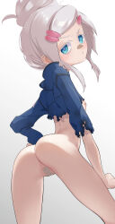 1girl absurdres ass blue_eyes blush closed_mouth commentary_request deux_murasame flat_chest freckles grey_hair gundam gundam_gquuuuuux highres looking_at_viewer maebari mecha_pilot_suit ningmeng_fengmi paid_reward_available pout solo torn_clothes updo