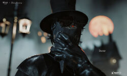 1boy 3d absurdres arknights black_coat black_gloves black_hair black_hat bloodborne character_name coat company_name doctor_(arknights) gloves hat highres jewelry lamppost liguokai looking_at_viewer male_doctor_(arknights) mixed_media mole mole_under_eye necklace plague_doctor plague_doctor_mask red_eyes removing_mask solo top_hat upper_body