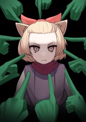 1girl 6+others absurdres animal_ears ash_blossom_&amp;_joyous_spring black_background brown_eyes brown_hair called_by_the_grave colored_skin cotan_(actancyaga) dog_ears dog_girl duel_monster forehead gameplay_mechanics green_skin hair_ribbon highres japanese_clothes john_wick kimono looking_at_viewer multiple_others pointing pointing_at_another poster_parody red_ribbon red_scarf ribbon scarf serious short_kimono surrounded_by_hands yu-gi-oh!