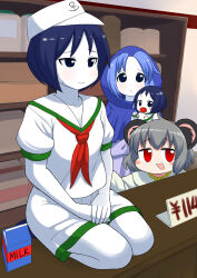 114514_(meme) 4girls anchor_symbol animal_ears baby black_eyes black_hair blue_hood blush colored_skin commentary_request cookie_(touhou) flour_(cookie) full_body grey_hair hat highres indoors kumoi_ichirin leonardo_16sei looking_at_viewer meme milk_(cookie) milk_carton mouse_ears mouse_girl multiple_girls murasa_minamitsu nazrin neckerchief nyon_(cookie) open_mouth pacifier red_eyes red_neckerchief sailor_collar sailor_hat sailor_shirt seiza shelf shirt short_hair sitting smile socks textless_version touhou variant_set white_hat white_shirt white_skin white_socks
