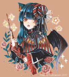 1girl 2017 animal_ears black_hair bow brown_background cat_ears cat_girl demon_wings flower happy_halloween hat highres long_hair long_sleeves looking_to_the_side mini_hat naruse_(skr_2520) original pale_skin red_eyes rose shirt sparkle star_(symbol) striped_clothes striped_shirt wand wings