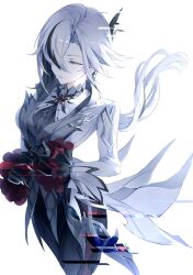 Rule 34 | 1girl, arlecchino (genshin impact), black pants, breasts, closed eyes, coat, commentary request, genshin impact, grey hair, haru same322, highres, leggings, long hair, long sleeves, medium breasts, pants, revision, solo, standing, very long hair, white coat