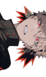 Rule 34 | 1boy, bakugou katsuki, black jacket, blonde hair, boku no hero academia, clenched teeth, close-up, collared jacket, commentary request, hair between eyes, highres, jacket, looking ahead, male focus, neminemisho, popped collar, red eyes, short hair, sideways, simple background, solo, superhero costume, teeth, upper body, white background