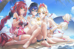 3girls absurdres alice_thymefield alice_thymefield_(sea_of_thyme) animal_ears bare_shoulders belle_(summer_skies)_(zenless_zone_zero) belle_(zenless_zone_zero) blonde_hair blue_hair bow braid breasts cleavage eyewear_on_head green_eyes hair_bow heart heart-shaped_eyewear highres large_breasts long_hair looking_at_viewer low_twin_braids low_twintails medium_breasts multiple_girls official_alternate_costume one-piece_swimsuit parted_lips pink_one-piece_swimsuit rabbit_ears rabbit_girl red_eyes red_hair short_hair swimsuit swkl:d thigh_strap twin_braids twintails two-tone_one-piece_swimsuit ukinami_yuzuha ukinami_yuzuha_(tanuki_in_broad_daylight) very_long_hair white_bow yellow_eyes zenless_zone_zero