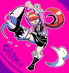 1girl boots breasts cleavage cleavage_cutout clothing_cutout digsaw digsaw_arts dress female_focus fishnets fluffy hands_up heart jacket large_breasts latex leather leg_up long_hair no_bra pale_skin ponytail red_hair shermie_(kof) skirt smile standing standing_on_one_leg the_king_of_fighters thick_lips thighs twintails