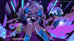 1girl black_jacket blue_socks bronya_zaychik bronya_zaychik_(haxxor_bunny) bullpup character_name cong_xiang_huanxiong crossed_legs drill_hair drone grey_eyes grey_hair gun highres holding holding_gun holding_weapon holographic_interface honkai_(series) honkai_impact_3rd jacket knee_pads long_hair looking_at_viewer p90 single_knee_pad sitting socks solo submachine_gun twin_drills weapon