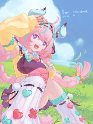 1girl :d absurdres ahoge animal_ears aqua_hair arm_up bear_minstrel bell blue_sky bow braid breasts bright_pupils cloud cow_ears cow_girl cow_horns cow_tail cowbell detached_sleeves fingerless_gloves genshin_impact gloves grass hairband heart highres horns large_breasts leg_warmers looking_at_viewer multicolored_hair on_grass on_ground open_mouth outdoors pink_hair purple_eyes single_thighhigh sky smile tail thighhighs twin_braids varesa_(genshin_impact) white_leg_warmers yellow_sleeves