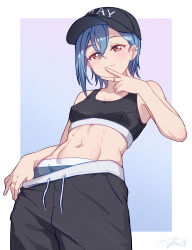 1girl :3 abs absurdres baseball_cap black_hat black_shorts black_sports_bra blue_background blue_hair border breasts closed_mouth clothes_pull commentary_request cowboy_shot crossed_bangs earrings gradient_background hair_between_eyes hat highres jewelry kafka963 leaning_back love_live! love_live!_superstar!! medium_breasts middle_ring multiple_rings orange_eyes outside_border pulling_own_clothes purple_background ring short_hair shorts shorts_pull signature smile solo split_mouth sports_bra standing stud_earrings w w_over_mouth wakana_shiki white_border