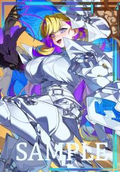 Rule 34 | 1girl, blonde hair, boots, breasts, cape, diabellze the original sinkeeper, duel monster, hat, high heels, highres, large breasts, long hair, multicolored hair, open mouth, purple hair, red cucumber, solo, thigh boots, witch, witch hat, yu-gi-oh!