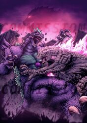 battle bioluminescence claws commentary commission elbow_spikes english_commentary fangs giant giant_monster glowing glowing_eyes godzilla godzilla_(monsterverse) godzilla_(series) godzilla_evolved godzilla_x_kong:_the_new_empire highres horns jaw kaiju king_kong_(series) long_tail monster monsterverse no_humans open_mouth pink_eyes red_eyes scales sharp_teeth spiked_tail spikes spines super_godzilla super_godzilla_(character) tail teeth thomdotartz tokusatsu watermark