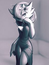 Rule 34 | 1girl, black dress, bob cut, colored skin, dress, flower, gardevoir, gen 3 pokemon, greyscale, hair flower, hair ornament, hair over one eye, hand on own cheek, hand on own face, highres, looking at viewer, monochrome, napalm express, nintendo, pokemon, pokemon (creature), white skin