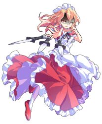 1girl alphes_(style) apron bare_arms black_ribbon blonde_hair breasts collared_dress commentary_request dairi dress frilled_apron frilled_dress frills frown full_body hair_between_eyes hair_intakes large_variant_set leg_up long_hair maid maid_apron maid_headdress open_mouth palms pantyhose parody puffy_short_sleeves puffy_sleeves red_dress red_shoes ribbon shaded_face shoes short_sleeves small_breasts solo style_parody sword throwing touhou touhou_(pc-98) transparent_background variant_set weapon white_apron white_pantyhose yellow_eyes yumeko_(touhou)