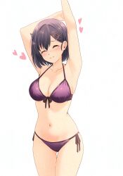 Rule 34 | 1girl, ^ ^, arms up, bikini, blush, breasts, cleavage, closed eyes, closed mouth, collarbone, cowboy shot, gabriel dropout, hair ornament, hairclip, halterneck, heart, highres, hitorilily, navel, outstretched arm, purple bikini, purple hair, short hair, side-tie bikini bottom, simple background, smile, solo, standing, string bikini, swimsuit, vignette tsukinose april, white background