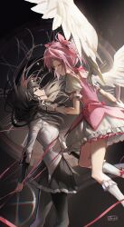 2girls absurdres akemi_homura akemi_homura_(magical_girl) back_bow black_hair black_pantyhose bow bubble_skirt caressing_cheek choker clock closed_eyes crying crying_with_eyes_open dress feathered_wings floating_hair frilled_skirt frilled_socks frills gears gloves hair_bow hair_ribbon hairband highres kaname_madoka kaname_madoka_(magical_girl) long_hair looking_at_another magical_girl mahou_shoujo_madoka_magica multiple_girls pantyhose parisa_reaz pink_hair pleated_skirt puffy_short_sleeves puffy_sleeves purple_eyes red_ribbon ribbon ribbon_choker short_hair short_sleeves short_twintails skirt smile socks tears twintails white_gloves white_socks white_wings wings