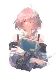1girl ^_^ absurdres bare_shoulders book closed_eyes cyrene_(honkai:_star_rail) dress facing_viewer hair_intakes hair_ribbon highres holding holding_book honkai:_star_rail honkai_(series) jewelry long_sleeves necklace off-shoulder_dress off_shoulder pink_hair purple_dress ren_(yihuanbierhuanshaoyihuan) ribbon short_hair simple_background solo upper_body white_background white_ribbon