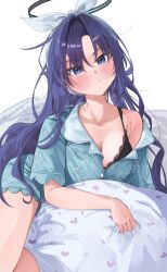 Rule 34 | 1girl, absurdres, animal print, black bra, black halo, blue archive, blue eyes, blue hair, blue pajamas, blue shirt, blue shorts, blush, bow, bra, breasts, cat print, cleavage, collarbone, commentary, freshbeef, hair bow, hair intakes, hairband, halo, heart, heart print, highres, long hair, looking at viewer, mechanical halo, medium breasts, nightshirt, official alternate costume, official alternate hairstyle, pajamas, pillow, print pajamas, print pillow, puckered lips, shirt, shorts, simple background, single bare shoulder, single off shoulder, solo, underwear, v-shaped eyebrows, white background, white bow, white hairband, yuuka (blue archive), yuuka (pajamas) (blue archive)
