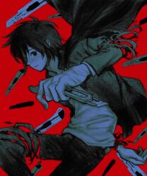 Rule 34 | 1boy, 97ttwwaazz, absurdres, black eyes, black hair, boxcutter, cowboy shot, gakuran, hand up, highres, holding, holding boxcutter, jacket, looking at viewer, male focus, open clothes, open jacket, randal&#039;s friends, red background, scar, scar on hand, school uniform, short hair, simple background, solo, tsukada satoru, unraveling