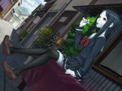 Rule 34 | 1girl, action taimanin, black hair, black shirt, black skirt, black thighhighs, brown shoes, day, dutch angle, eating, food, food in mouth, game cg, holding, holding food, lilith-soft, long hair, official art, onigumo saburo, red eyes, school uniform, shirt, shoes, sitting, skirt, taimanin (series), thighhighs