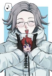 Rule 34 | 2boys, ^ ^, ahoge, aotsuki eito, black gloves, black streaks, blue background, blue eyes, border, closed eyes, disembodied head, facing viewer, glasses, gloves, grey hair, highres, jacket, light blush, looking at viewer, male focus, motion blur, motion lines, multicolored hair, multiple boys, musical note, open mouth, outside border, red hair, short hair, siokonbu100, smile, spoken musical note, squishing, streaked hair, sumino takumi, teeth, the hundred line -last defense academy-, upper teeth only, white border, white jacket