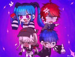 &gt;_&lt; 2boys 2girls amemiya_darumi black_hair blonde_hair blue_hair blush bridge_piercing chibi chibi_only closed_eyes crop_top dark-skinned_female dark_skin ear_piercing earrings eyepatch face_piercing fingerless_gloves flask gloves heart highres holding holding_flask japanese_clothes jewelry kawana_tsubasa lip_piercing makeup multicolored_hair multiple_boys multiple_girls omokage_yugamu one_eye_covered open_mouth piercing pink_background pink_eyes purple_background red_hair short_sleeves simple_background sumino_takumi the_hundred_line_-last_defense_academy-