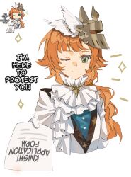 Rule 34 | 1girl, ;), absurdres, ascot, dress, english text, green eyes, hair ornament, highres, holding, holding paper, long braid, looking at viewer, official alternate costume, official art inset, one eye closed, paper, reference inset, reverse:1999, smile, solo, sonetto (reverse:1999), sparkle, upper body, white ascot, white background, white dress, yuha6666