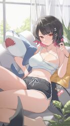 Rule 34 | 1girl, absurdres, bare legs, bare shoulders, barefoot, black hair, black shorts, breasts, camisole, candy, cleavage, colored inner hair, commentary, crop top, dolphin shorts, drawstring, ellen joe, fins, fish tail, food, hair ornament, hairclip, hand up, highres, holding, holding candy, holding food, holding lollipop, hugging doll, hugging object, indoors, jewelry, large breasts, lollipop, looking at viewer, midori fufu, midriff, mole, mole under eye, multicolored hair, navel, necklace, parted lips, pink hair, red eyes, shark tail, shirt, short hair, short shorts, shorts, sleeveless, sleeveless shirt, solo, stomach, strap slip, stuffed animal, stuffed shark, stuffed toy, tail, thighs, white shirt, x hair ornament, zenless zone zero