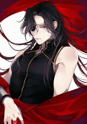 1boy absurdres alternate_costume bare_shoulders bishounen black_hair black_shirt braid chinese_clothes closed_mouth eyepatch highres hua_cheng long_hair looking_at_viewer male_focus one_eye_covered red_eyes red_shawl shawl shirt side_braid simple_background single_braid sleeveless sleeveless_shirt solo string string_of_fate tianguan_cifu tsubame-shi_(tubame) upper_body white_background