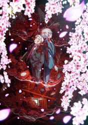 2boys back-to-back black_eyes black_pants black_shoes black_suit blood blood_in_hair blood_in_water blood_on_clothes blood_on_face blood_on_ground blood_splatter blue_kimono box branch cherry_blossoms cigarette collared_shirt falling_petals flower formal_clothes from_above gegege_no_kitarou geta gun hair_over_one_eye hand_in_pocket height_difference highres holding holding_cigarette holding_gun holding_weapon japanese_clothes kimono kitarou_tanjou:_gegege_no_nazo looking_up male_focus medama_oyaji_(human) mizuki_(gegege_no_kitarou) multiple_boys necktie official_alternate_hair_color official_art one_eye_covered pants petals pink_flower pink_petals profile red_necktie rifle scar scar_across_eye scar_on_face shirt shoes short_hair small_pupils smoke standing suit torii tree water waves weapon white_hair white_shirt