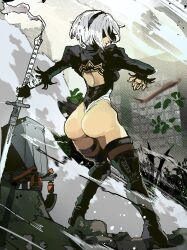 Rule 34 | 1girl, 2b (nier:automata), absurdres, ass, back, back cutout, black gloves, black leotard, blindfold, bodysuit, boots, building, clothing cutout, dust, gloves, hairband, highres, holding, holding sword, holding weapon, impossible bodysuit, impossible clothes, impossible leotard, isaacchief300, leotard, nier:automata, nier (series), pod (nier:automata), single glove, sword, thigh boots, thighhighs, torn clothes, virtuous contract, weapon, white hair