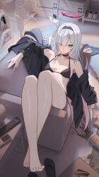 1girl absurdres alternate_costume bare_shoulders barefoot bikini black_bikini black_choker black_coat black_eyes black_hairband blue_archive breasts choker closed_mouth coat commentary_request controller couch cup disposable_cup eyes_visible_through_hair gunpla hair_over_one_eye hairband halo highres indoors kitabana legs loli looking_at_viewer model_kit off_shoulder on_couch open_clothes open_coat plana_(blue_archive) red_halo remote_control sandals shoe_box small_breasts smile solo spill sweat swimsuit thighs unworn_sandals white_hair