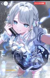 1girl absurdres belt blue_eyes bow chain commentary dow_suitable dress fake_screenshot grey_hair grin hair_bow heart highres holding holding_microphone kaga_sumire looking_at_viewer microphone scrunchie smile solo sweatdrop symbol-only_commentary thigh_strap virtual_youtuber vspo! white_scrunchie wrist_scrunchie