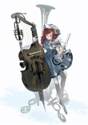Rule 34 | 1girl, absurdres, around the stream, barcarola (reverse:1999), black shoes, blue eyes, blue shirt, blue skirt, bow (music), crackling box (reverse:1999), dixie cup hat, full body, gloves, hands up, hat, highres, holding, holding bow (music), instrument, long braid, looking at object, looking down, military hat, miniskirt, pantyhose, red hair, reverse:1999, shirt, shoes, skirt, sleeveless, sleeveless shirt, smile, solo, standing, white background, white gloves, white hat, white pantyhose