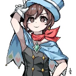 1girl ace_attorney black_vest blue_cape blue_hat brown_eyes brown_hair cape gloves hat pixel_art qu4rter red_scarf scarf solo solo_focus trucy_wright vest white_background white_gloves