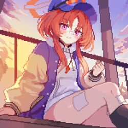 Rule 34 | 1girl, bandaid, bandaid on face, bandaid on nose, baseball cap, black socks, bleachers, blue archive, blue hat, blue jacket, blue sky, blush, clenched hand, cloud, commentary, eyewear on headwear, feet out of frame, from below, gauze, gauze on leg, gauze on thigh, gradient sky, halo, hat, hood, hoodie, jacket, letterman jacket, long sleeves, looking at viewer, open clothes, open jacket, orange-tinted eyewear, orange hair, orange halo, orange sky, pixel art, purple eyes, railing, rei (blue archive), sitting, sky, socks, solo, sports sunglasses, sunglasses, sunset, tinia etru, tinted eyewear, whistle, whistle around neck, white hoodie